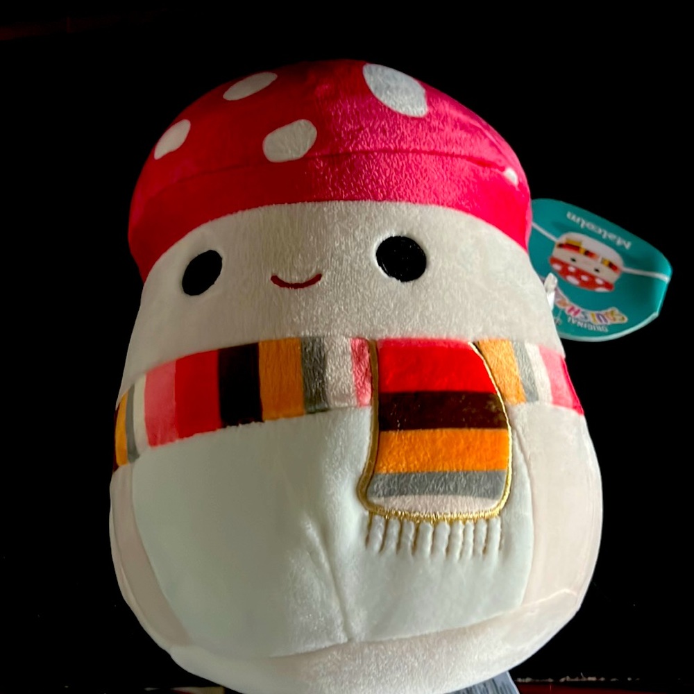 Squismallow mushroom with scarf his name is Malcolm